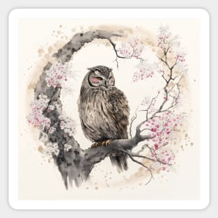 Owl Among Cherry Blossoms Sticker